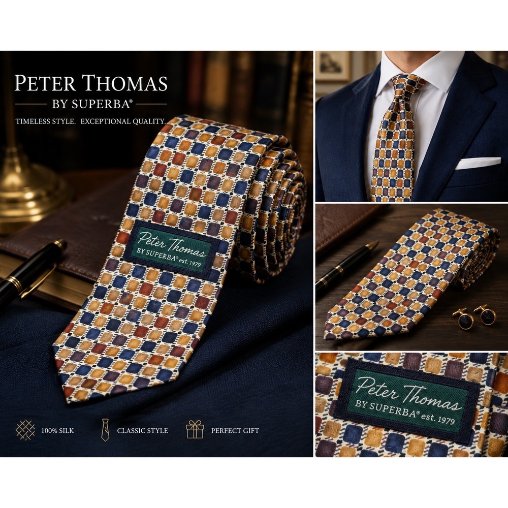Peter Thomas by Superba 100% Silk Geometric Necktie Multicolor Navy Gold Ti